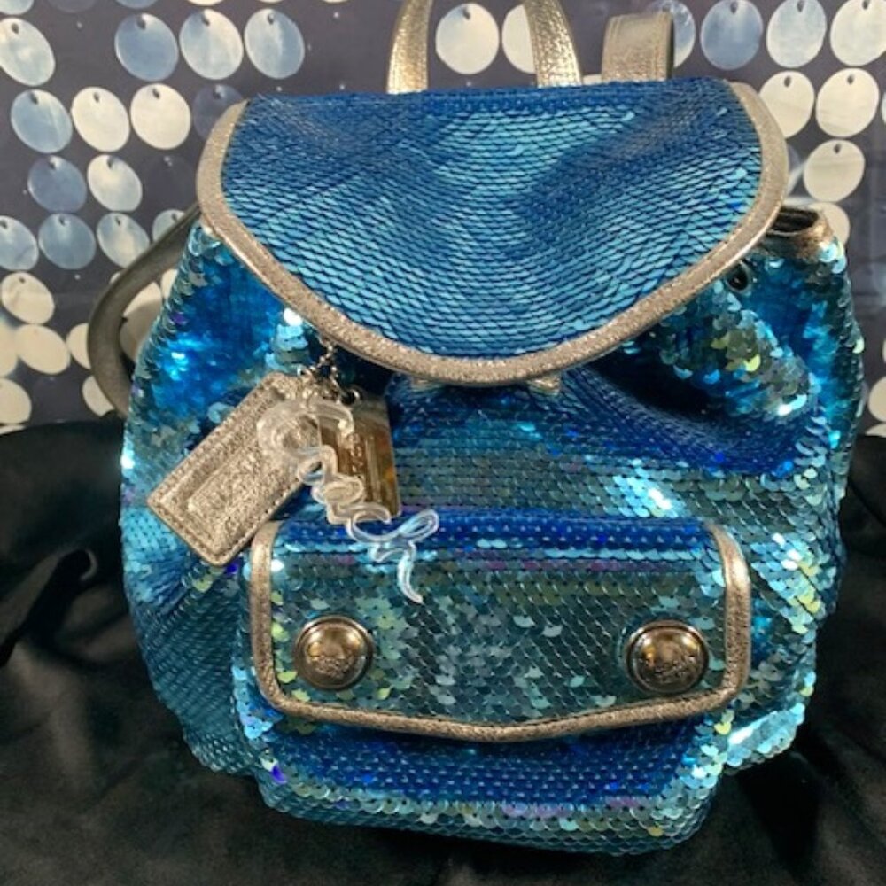 AUTHENTIC Limited Edition Coach Poppy Blue Sequin Backpack Bag